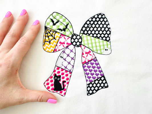 Halloween Bow patchwork patterned Heirloom Bow Bats Black Cat machine embroidery designs sizes 4 up to 8.5 inch girls scary spooky design - image 1