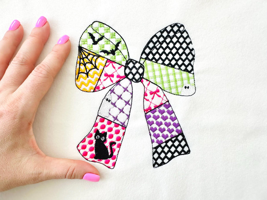 Halloween Bow patchwork patterned Heirloom Bow Bats Black Cat machine embroidery designs sizes 4 up to 8.5 inch girls scary spooky design - image 1