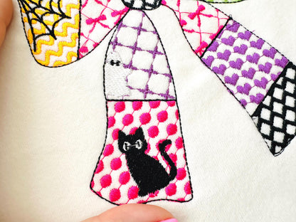 Halloween Bow patchwork patterned Heirloom Bow Bats Black Cat machine embroidery designs sizes 4 up to 8.5 inch girls scary spooky design - image 3