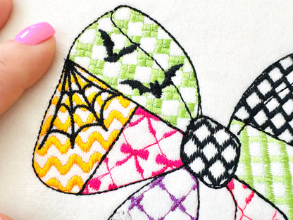 Halloween Bow patchwork patterned Heirloom Bow Bats Black Cat machine embroidery designs sizes 4 up to 8.5 inch girls scary spooky design - image 5