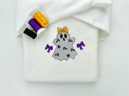 Cute Little Ghost with Bow lace effect dress Halloween machine embroidery designs for hoop 4x4 and 5x7 kids baby girls scary spooky design - image 3