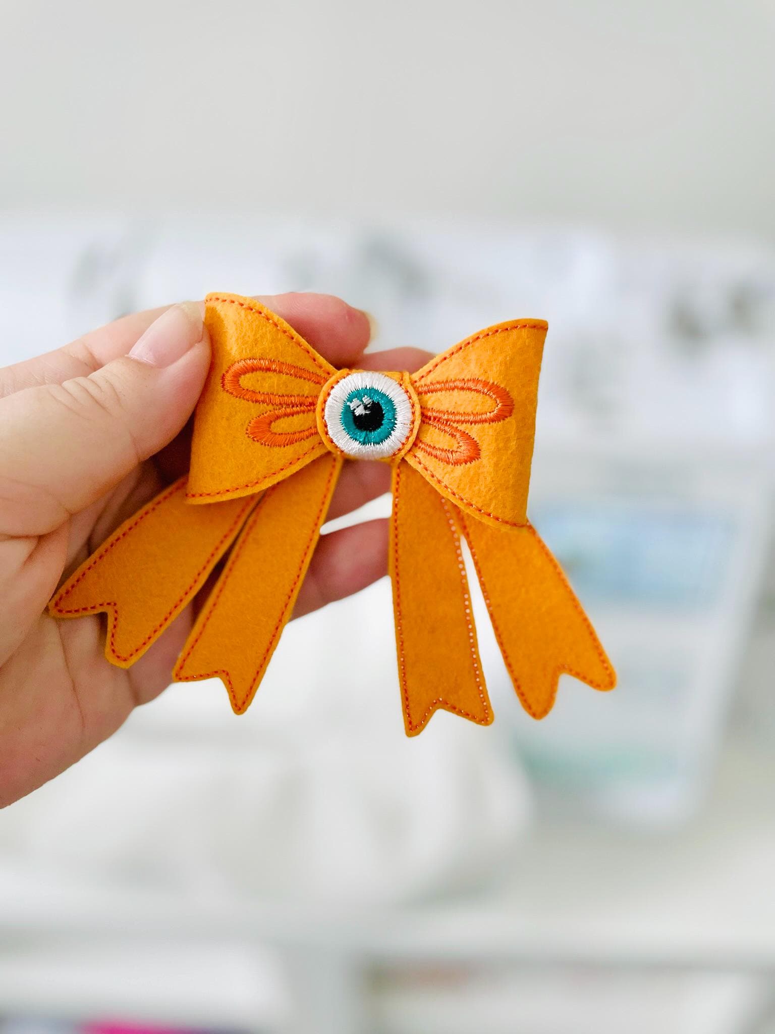 Halloween spooky Monster Eye Bow 3D dimensional machine embroidery designs felt feltie design simply in the hoop ITH project kids hairpin - image 5