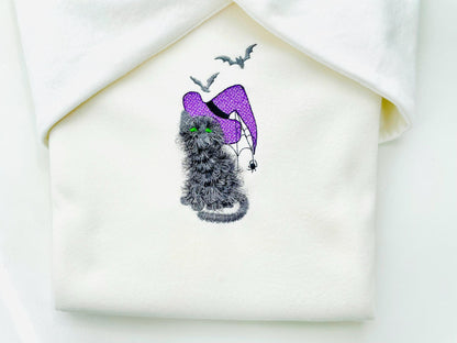 Halloween spooky Cat kitten kitty Witch Hat Fringed Fluffy Cat Fringe machine embroidery designs fuzzy fur kids design sizes 4 up to 6 inch - image 1