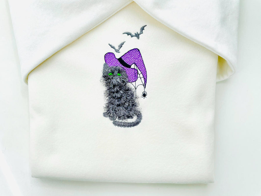 Halloween spooky Cat kitten kitty Witch Hat Fringed Fluffy Cat Fringe machine embroidery designs fuzzy fur kids design sizes 4 up to 6 inch - image 1