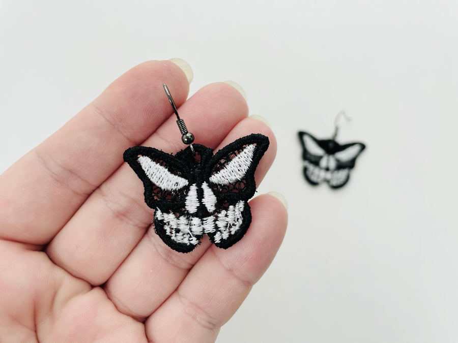 Halloween Spooky Skull Butterfly earrings FSL freestanding lace machine embroidery designs girls charm simply in the hoop size 1.2 inch - image 1