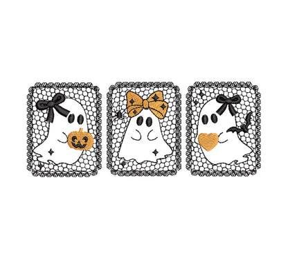 Halloween Cute Little Ghost Trio Lace effect machine embroidery designs sizes 5 up to 7 inch kids girls boys scary spooky design lace frame