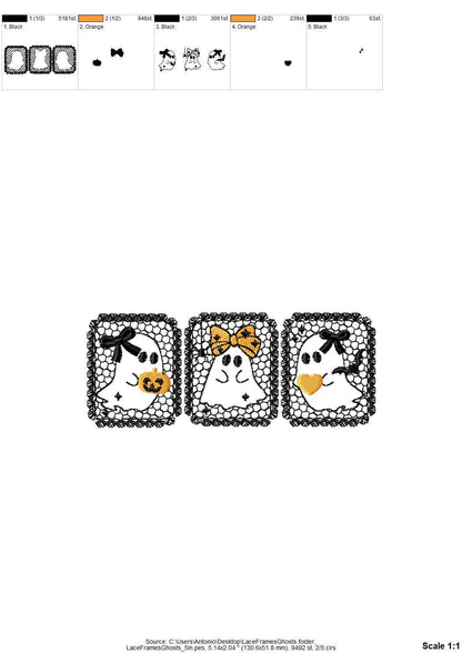 Halloween Cute Little Ghost Trio Lace effect machine embroidery designs sizes 5 up to 7 inch kids girls boys scary spooky design lace frame (view 7)