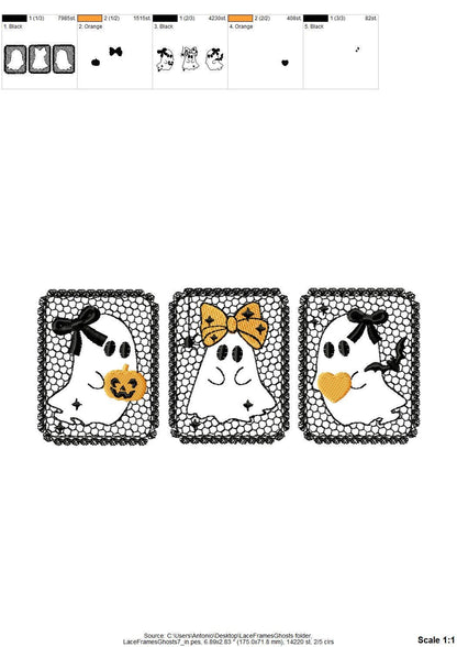 Halloween Cute Little Ghost Trio Lace effect machine embroidery designs sizes 5 up to 7 inch kids girls boys scary spooky design lace frame (view 8)