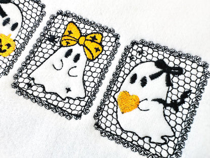 Halloween Cute Little Ghost Trio Lace effect machine embroidery designs sizes 5 up to 7 inch kids girls boys scary spooky design lace frame (view 4)