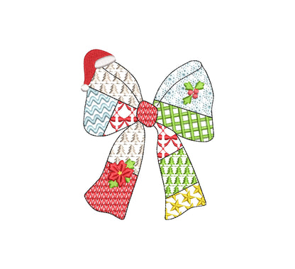 Patchwork Christmas Bow patterned silhouette outline Ribbon Santa hat kids baby girls machine embroidery designs many sizes 4 up to 8 inches
