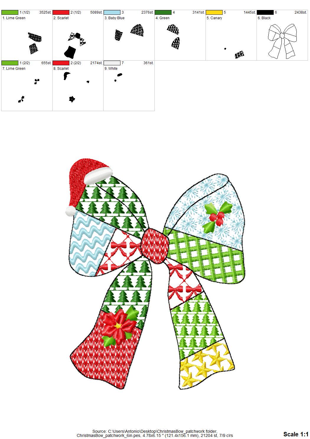 Patchwork Christmas Bow patterned silhouette outline Ribbon Santa hat kids baby girls machine embroidery designs many sizes 4 up to 8 inches