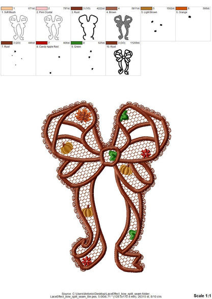 Thanksgiving Fall Pumpkin Bow split side seam cutout side bow lace effect Applique machine embroidery designs girls tshirt sweatshirt design