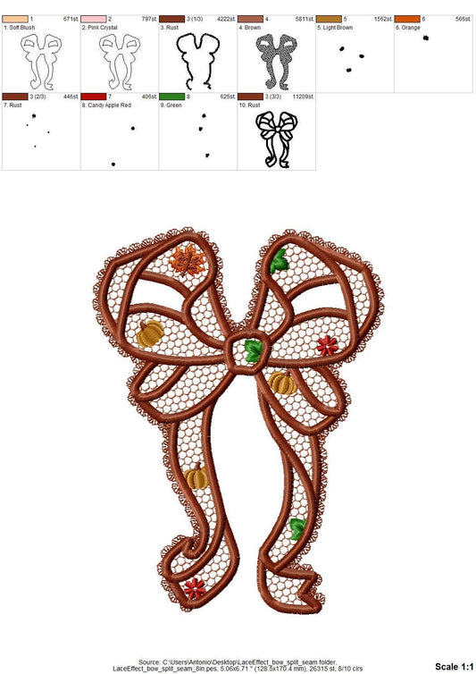 Thanksgiving Fall Pumpkin Bow split side seam cutout side bow lace effect Applique machine embroidery designs girls tshirt sweatshirt design