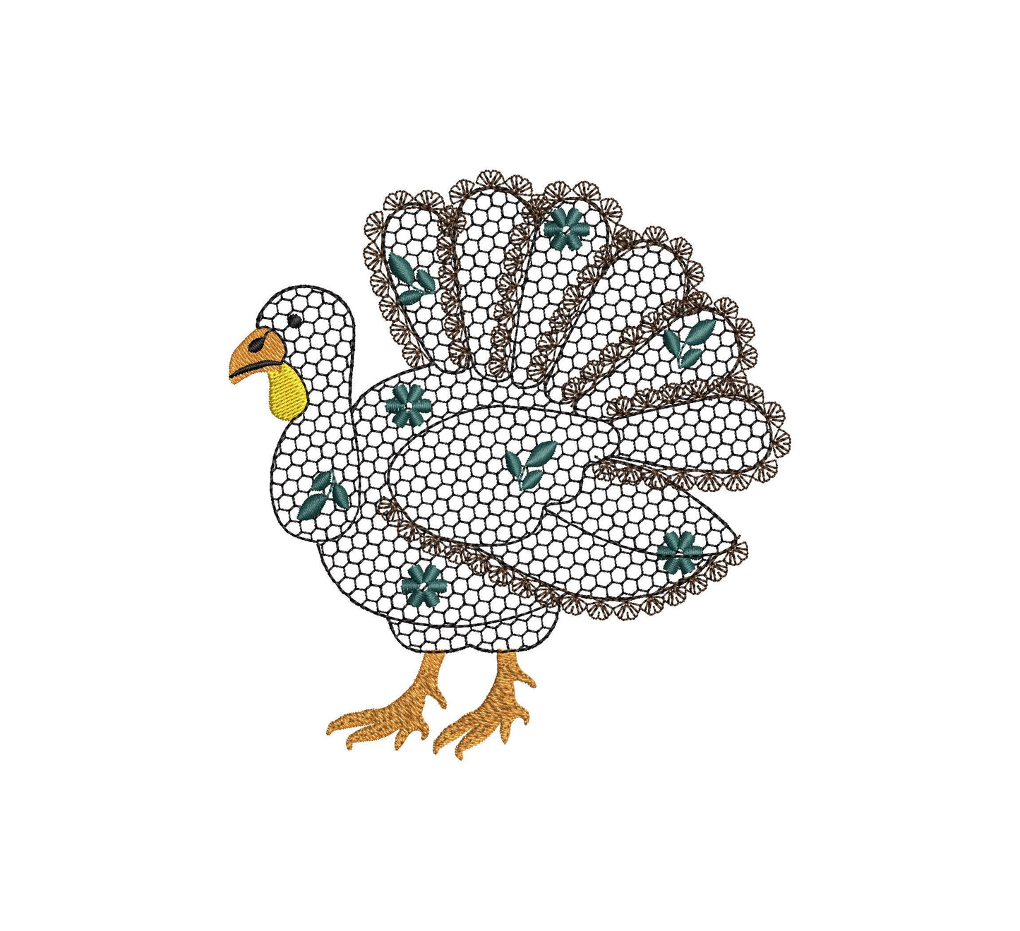 Floral Turkey Fall Autumn Kitchen design lace effect machine embroidery designs for hoop 4x4  5x7  8x8 sweet home Thanksgiving farm design