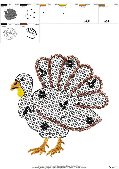 Floral Turkey Fall Autumn Kitchen design lace effect machine embroidery designs for hoop 4x4  5x7  8x8 sweet home Thanksgiving farm design