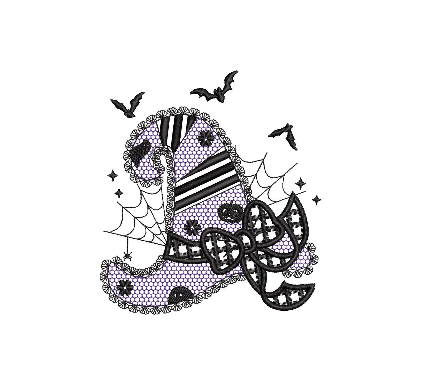 Halloween Witch Hat with lace effect machine embroidery designs many sizes 4 up to 8 inch awesome bow spiderweb bat patterned design
