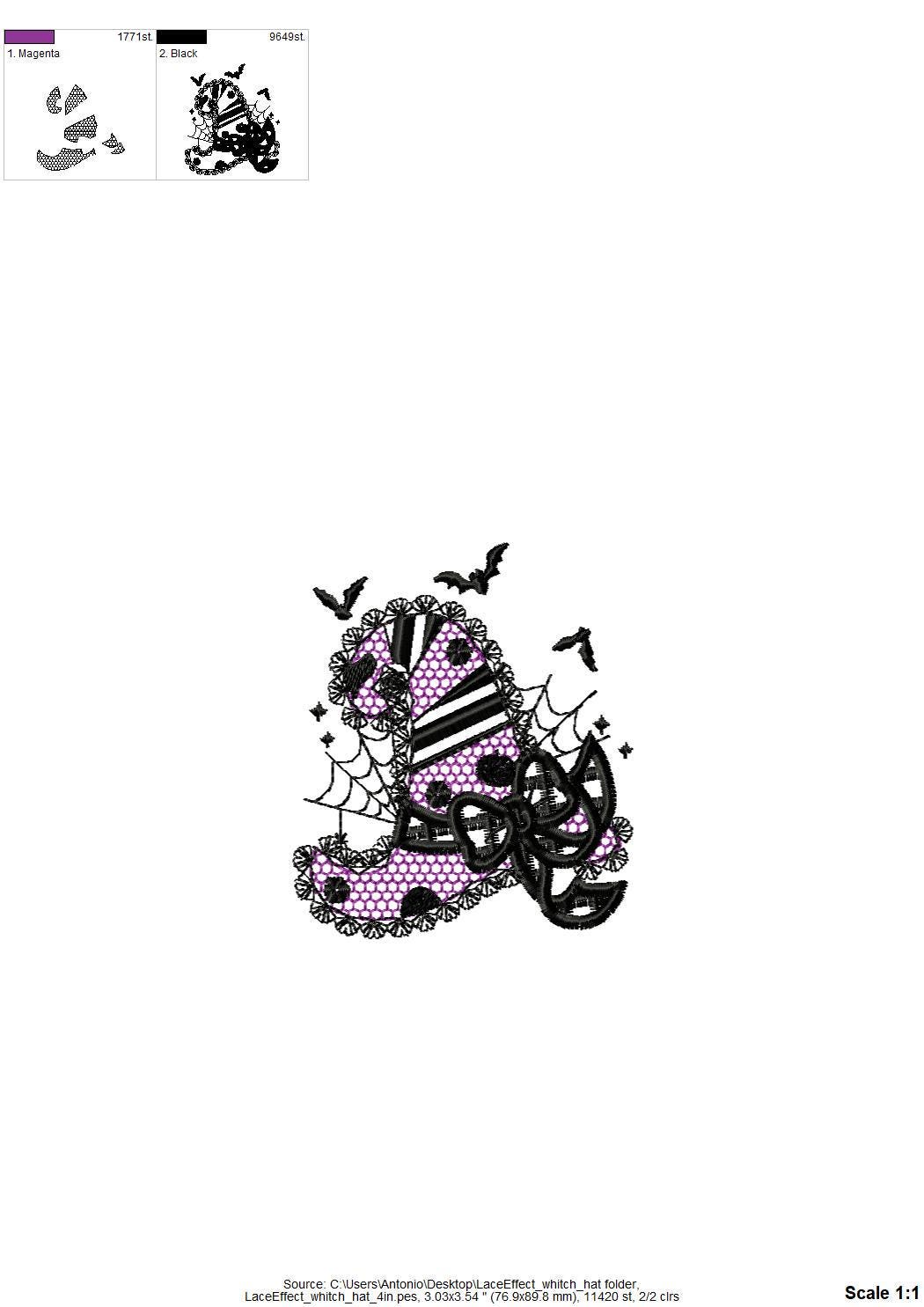 Halloween Witch Hat with lace effect machine embroidery designs many sizes 4 up to 8 inch awesome bow spiderweb bat patterned design