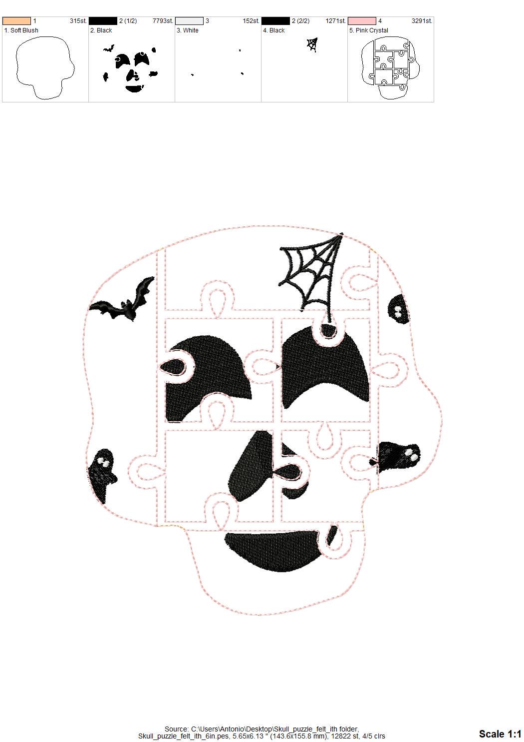 Halloween Skull Puzzle ITH in the hoop kids game gift idea Applique machine embroidery designs sizes for hoop  5x7  6x10 8x8 felt feltie