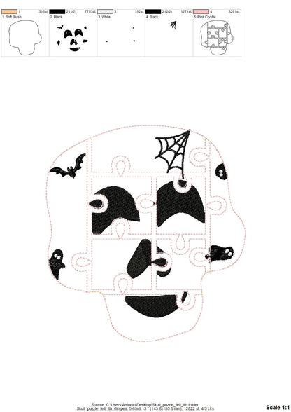 Halloween Skull Puzzle ITH in the hoop kids game gift idea Applique machine embroidery designs sizes for hoop  5x7  6x10 8x8 felt feltie
