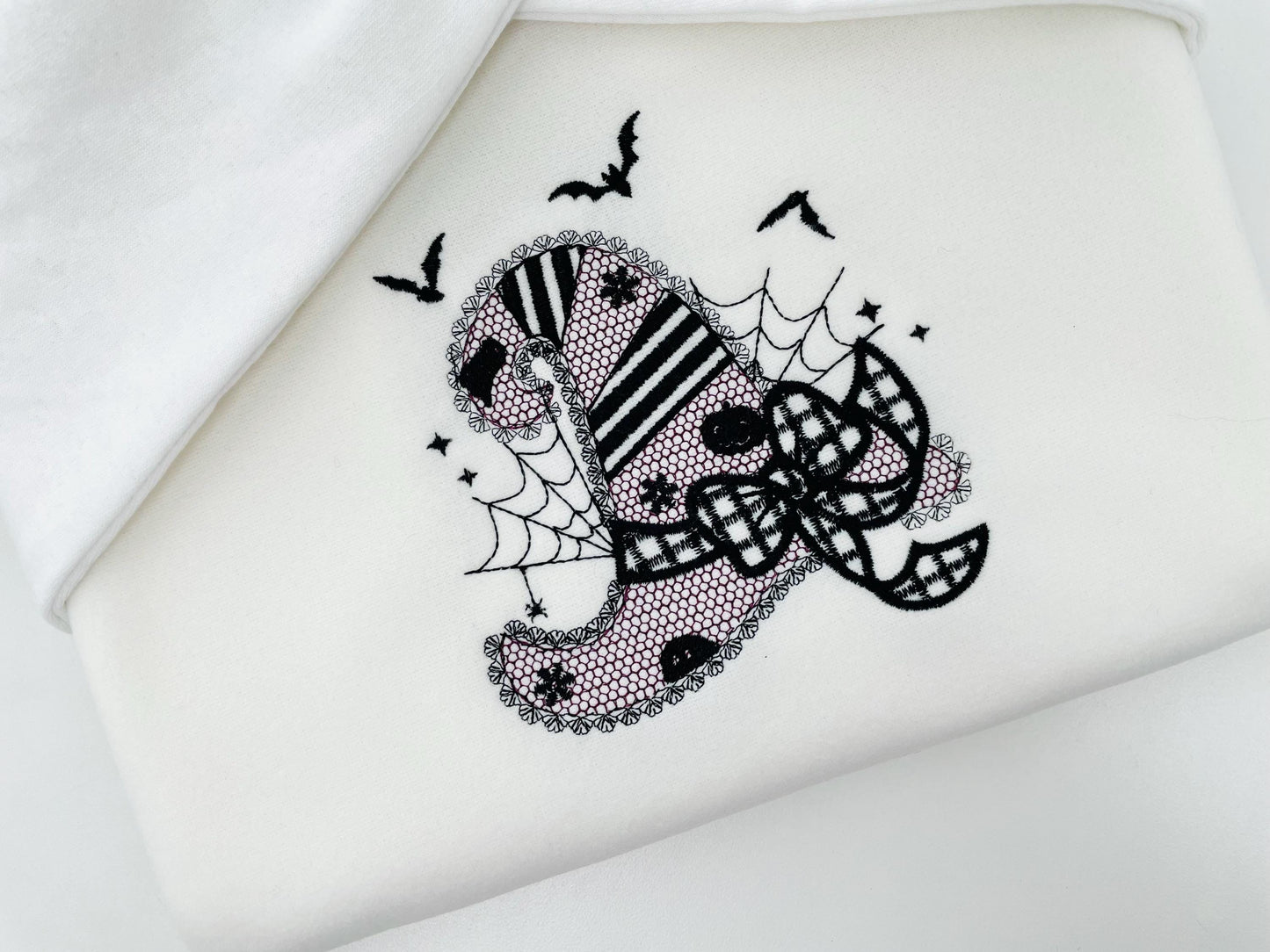 Halloween Witch Hat with lace effect machine embroidery designs many sizes 4 up to 8 inch awesome bow spiderweb bat patterned design