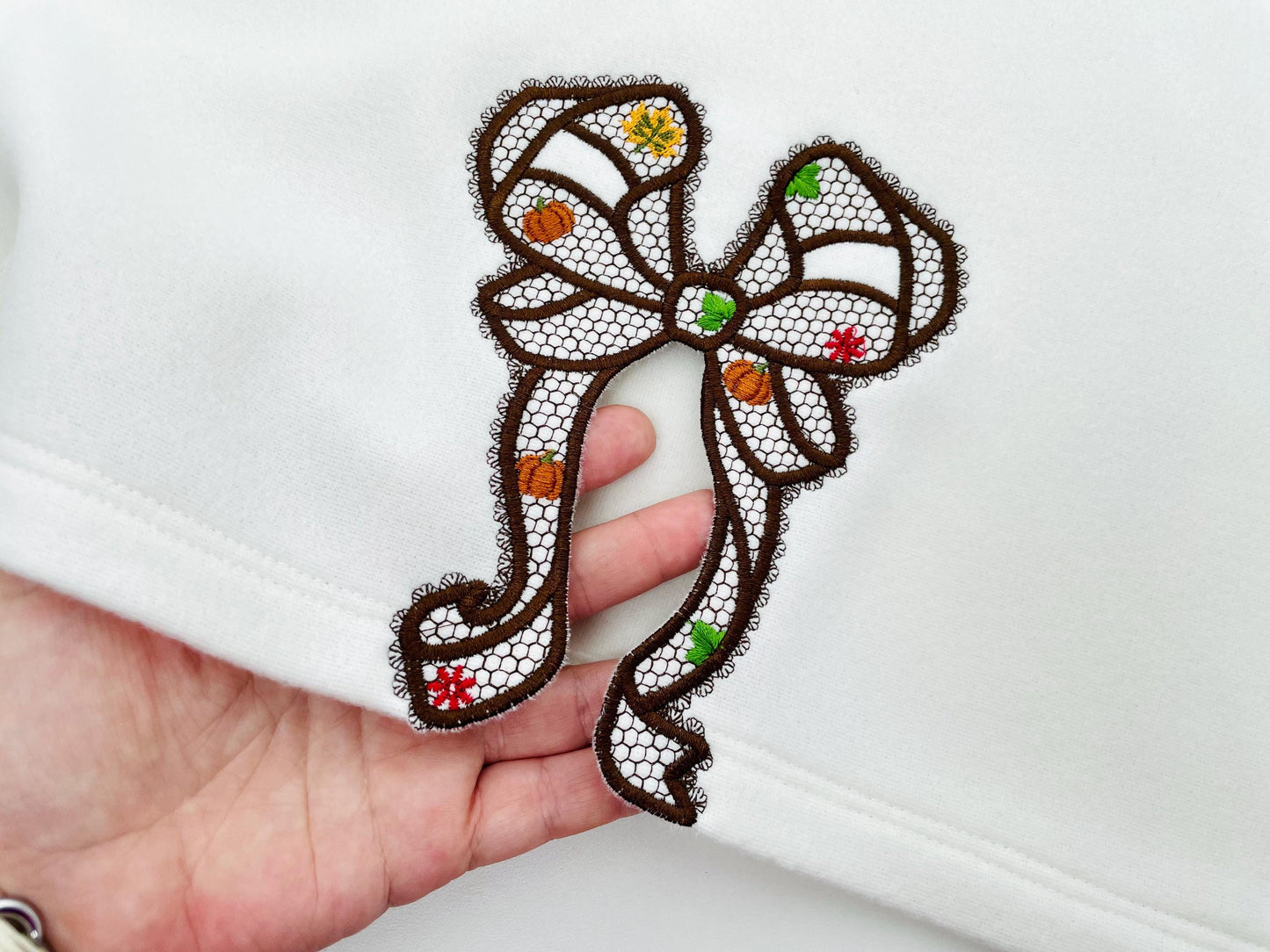 Thanksgiving Fall Pumpkin Bow split side seam cutout side bow lace effect Applique machine embroidery designs girls tshirt sweatshirt design