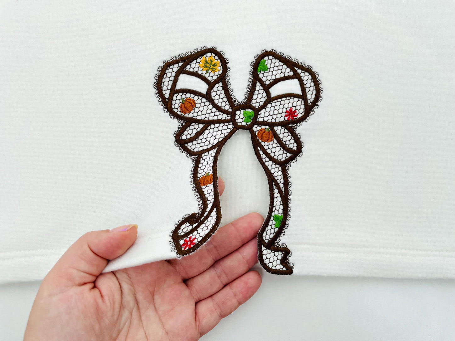 Thanksgiving Fall Pumpkin Bow split side seam cutout side bow lace effect Applique machine embroidery designs girls tshirt sweatshirt design