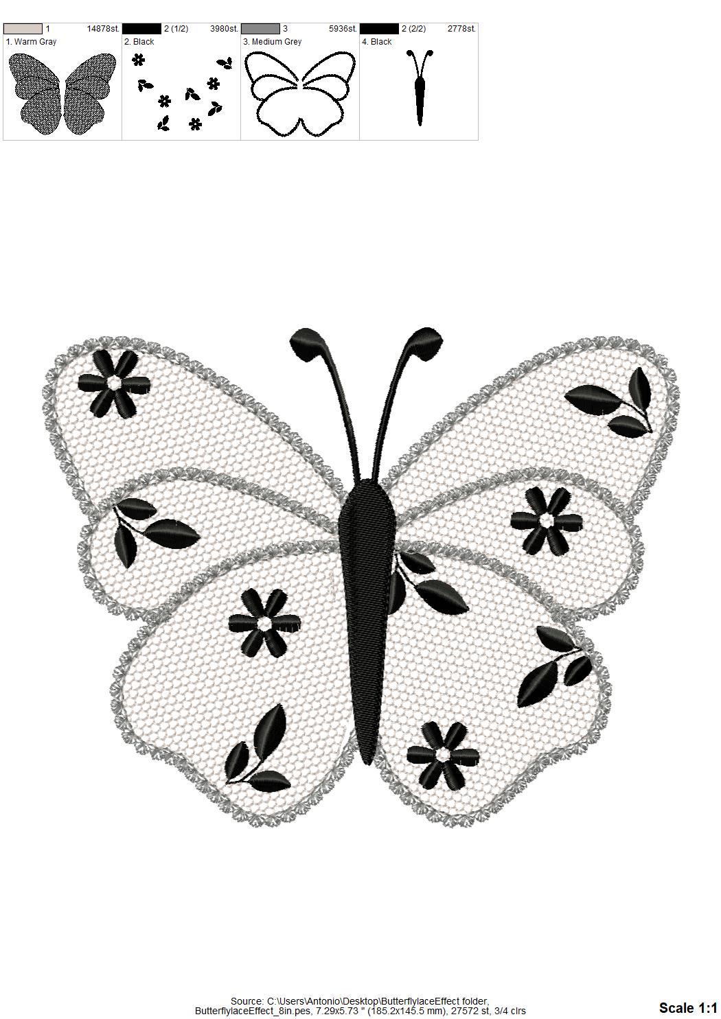 Cute Floral Butterfly lace effect wings girly summer machine embroidery designs sizes for hoop 4x4  5x7  6x10  8x8 kids baby girls design