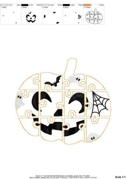 Halloween Pumpkin Jack O Lantern Puzzle ITH in the hoop kids game idea machine embroidery designs sizes for hoop  5x7  6x10 8x8 felt feltie