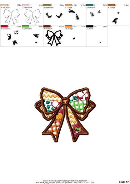 Patchwork Bow side split seam Bow patterned Applique machine embroidery designs Sweatshirt Tshirt trendy design many sizes 4 up to 8 inches