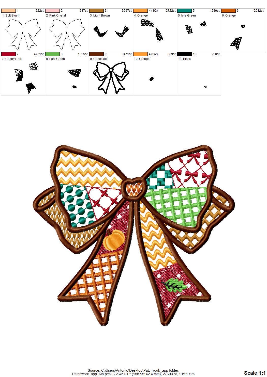 Patchwork Bow side split seam Bow patterned Applique machine embroidery designs Sweatshirt Tshirt trendy design many sizes 4 up to 8 inches