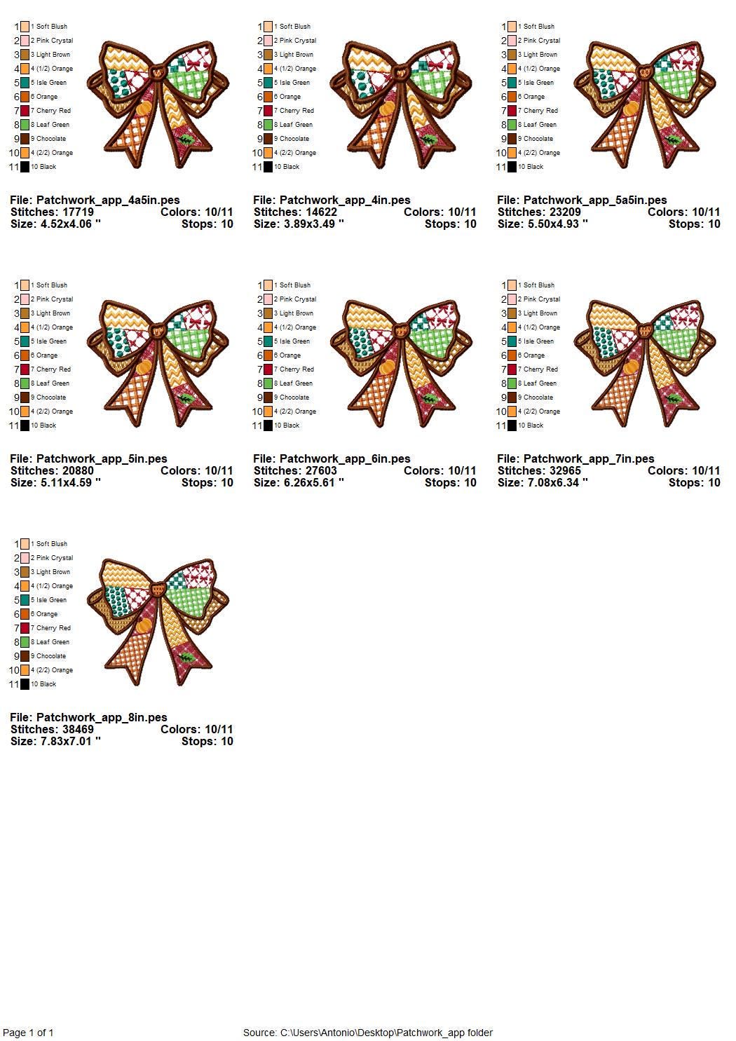 Patchwork Bow side split seam Bow patterned Applique machine embroidery designs Sweatshirt Tshirt trendy design many sizes 4 up to 8 inches