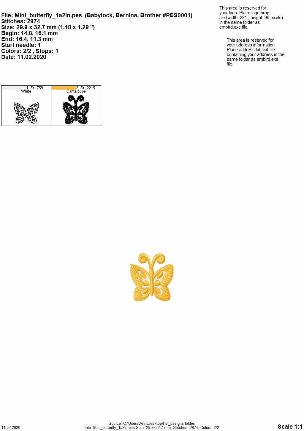 Micro wee butterfly mini  as three-dimensional, 3 dimensional, FSL, Free standing lace embroidery design