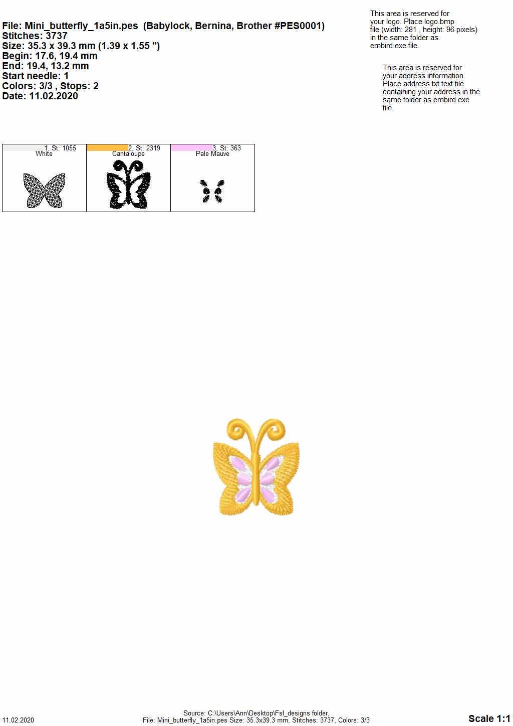 Micro wee butterfly mini  as three-dimensional, 3 dimensional, FSL, Free standing lace embroidery design