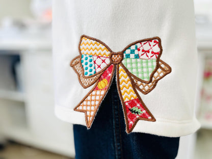 Patchwork Bow side split seam Bow patterned Applique machine embroidery designs Sweatshirt Tshirt trendy design many sizes 4 up to 8 inches