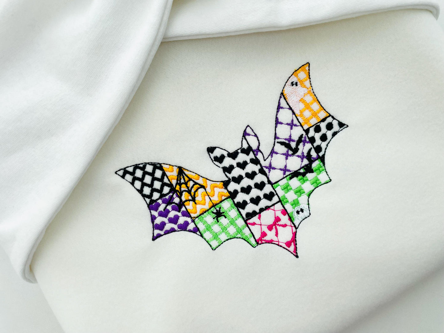 Patchwork Bat Raily Halloween theme awesome patterned Flying Bat outline spooky girls machine embroidery designs sizes 4 up to 8 inch