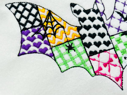 Patchwork Bat Raily Halloween theme awesome patterned Flying Bat outline spooky girls machine embroidery designs sizes 4 up to 8 inch