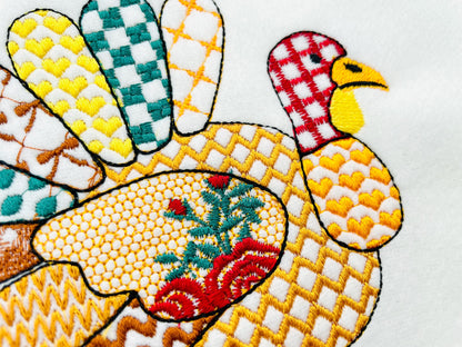 Patchwork Turkey Lola Fall Thanksgiving Turkey patterned outline machine embroidery designs sizes 4 up to 8 inch awesome kitchen farm design