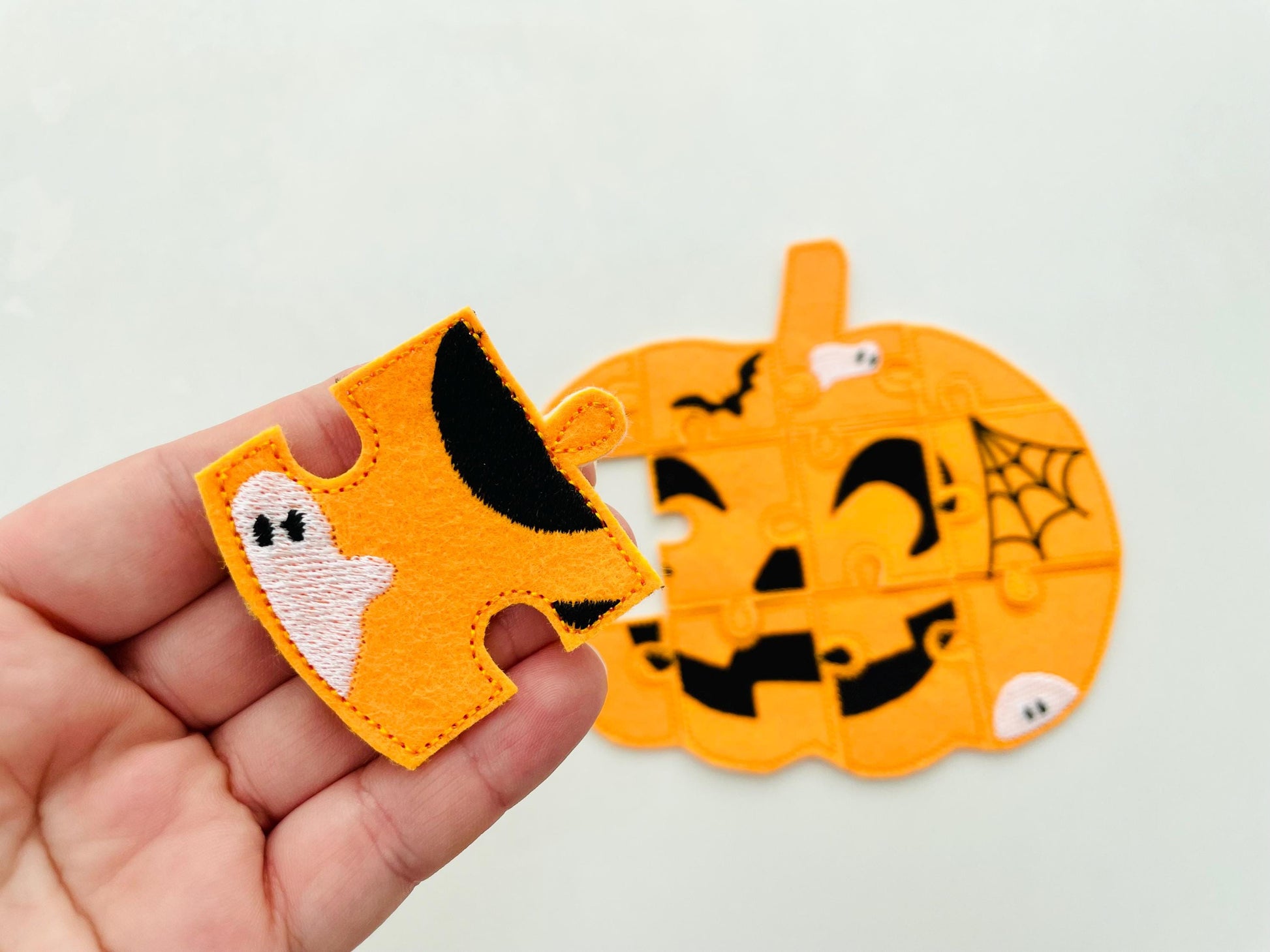 Halloween Pumpkin Jack O Lantern Puzzle ITH in the hoop kids game idea machine embroidery designs sizes for hoop  5x7  6x10 8x8 felt feltie