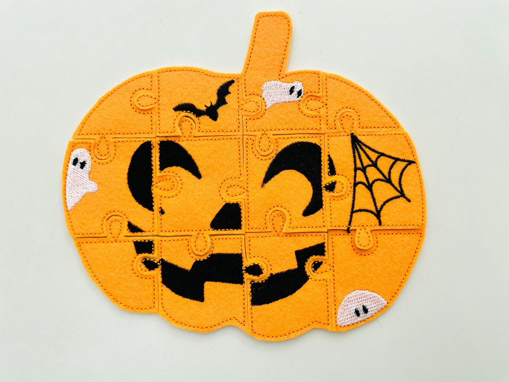 Halloween Pumpkin Jack O Lantern Puzzle ITH in the hoop kids game idea machine embroidery designs sizes for hoop  5x7  6x10 8x8 felt feltie