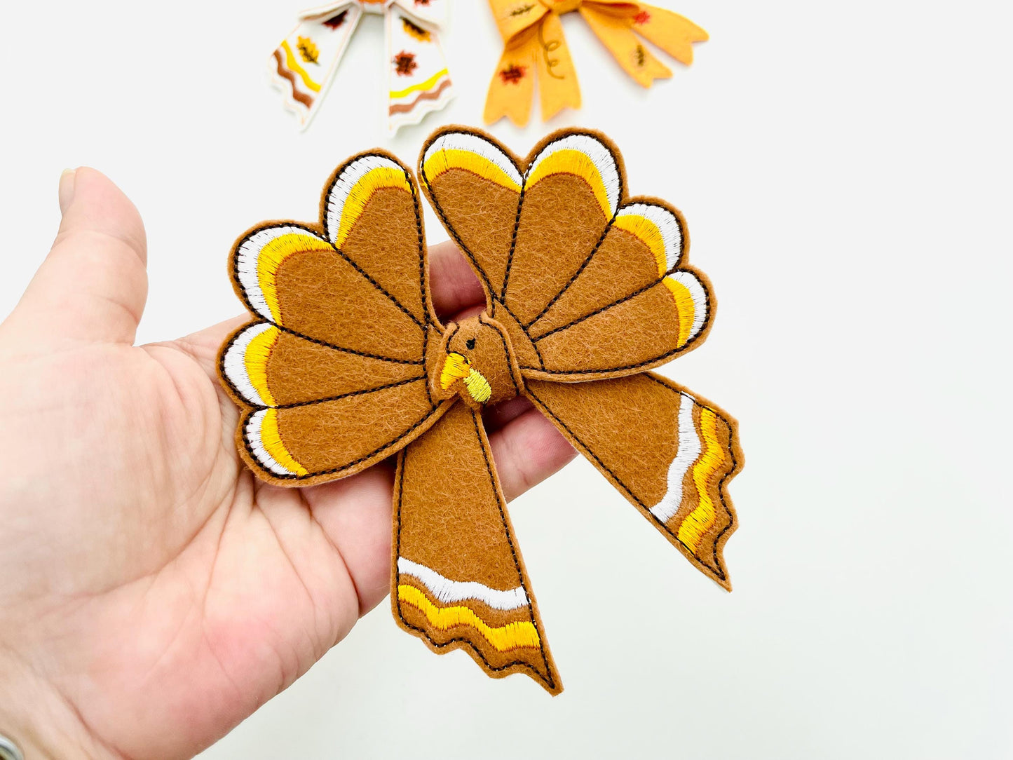 Fall Turkey Bow 3D dimensional machine embroidery designs felt feltie design simply in the hoop ITH project kids girls Farm Thanksgiving