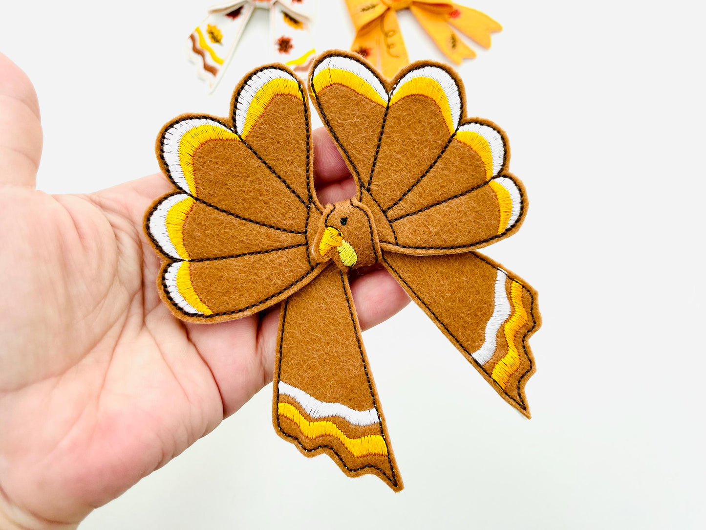 Fall Turkey Bow 3D dimensional machine embroidery designs felt feltie design simply in the hoop ITH project kids girls Farm Thanksgiving