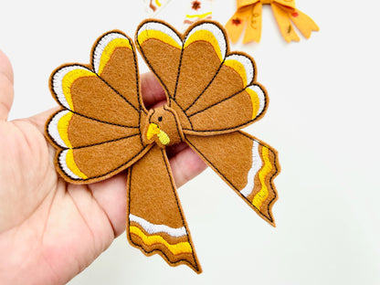 Fall Turkey Bow 3D dimensional machine embroidery designs felt feltie design simply in the hoop ITH project kids girls Farm Thanksgiving