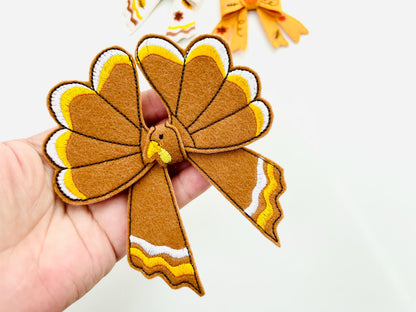 Fall Turkey Bow 3D dimensional machine embroidery designs felt feltie design simply in the hoop ITH project kids girls Farm Thanksgiving