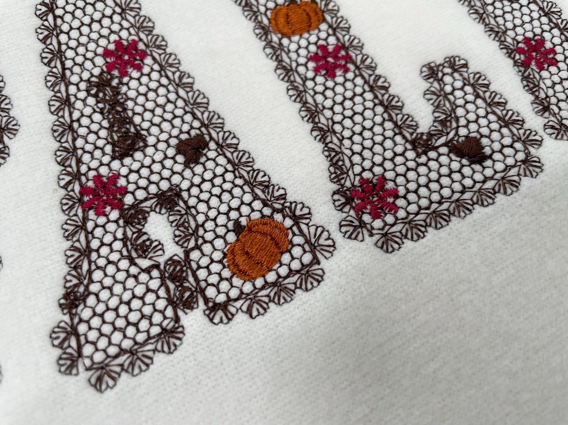Lace Edge Fall Pumpkin FONT lace patterned Floral Alphabet Monogram Thanksgiving machine embroidery designs assorted sizes 2.5 up to 5 inch