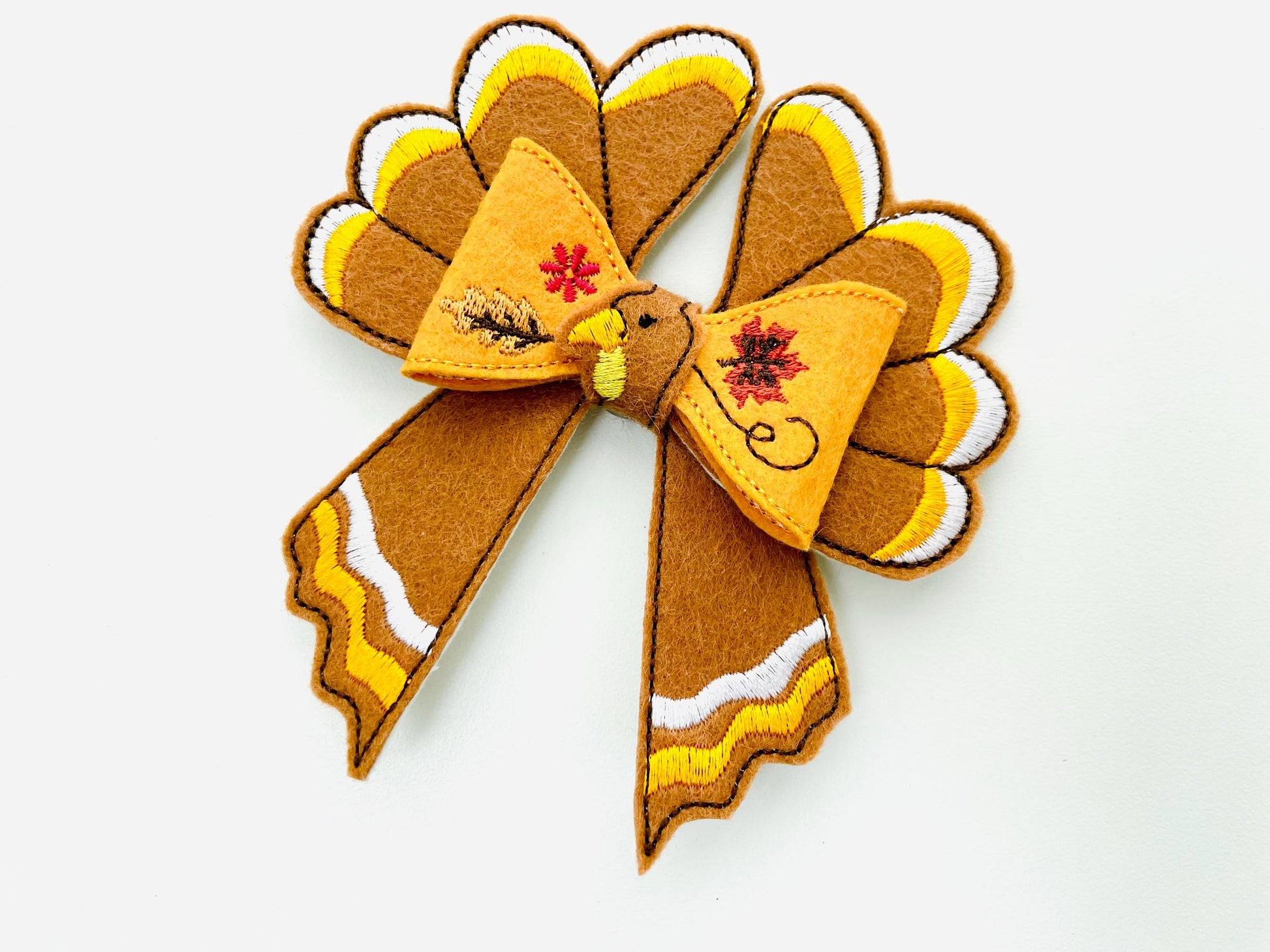 Festive Turkey Bow 3D dimensional machine embroidery designs felt feltie design simply in the hoop ITH project kids girls Farm Thanksgiving