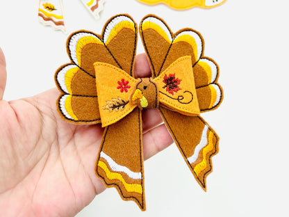 Festive Turkey Bow 3D dimensional machine embroidery designs felt feltie design simply in the hoop ITH project kids girls Farm Thanksgiving