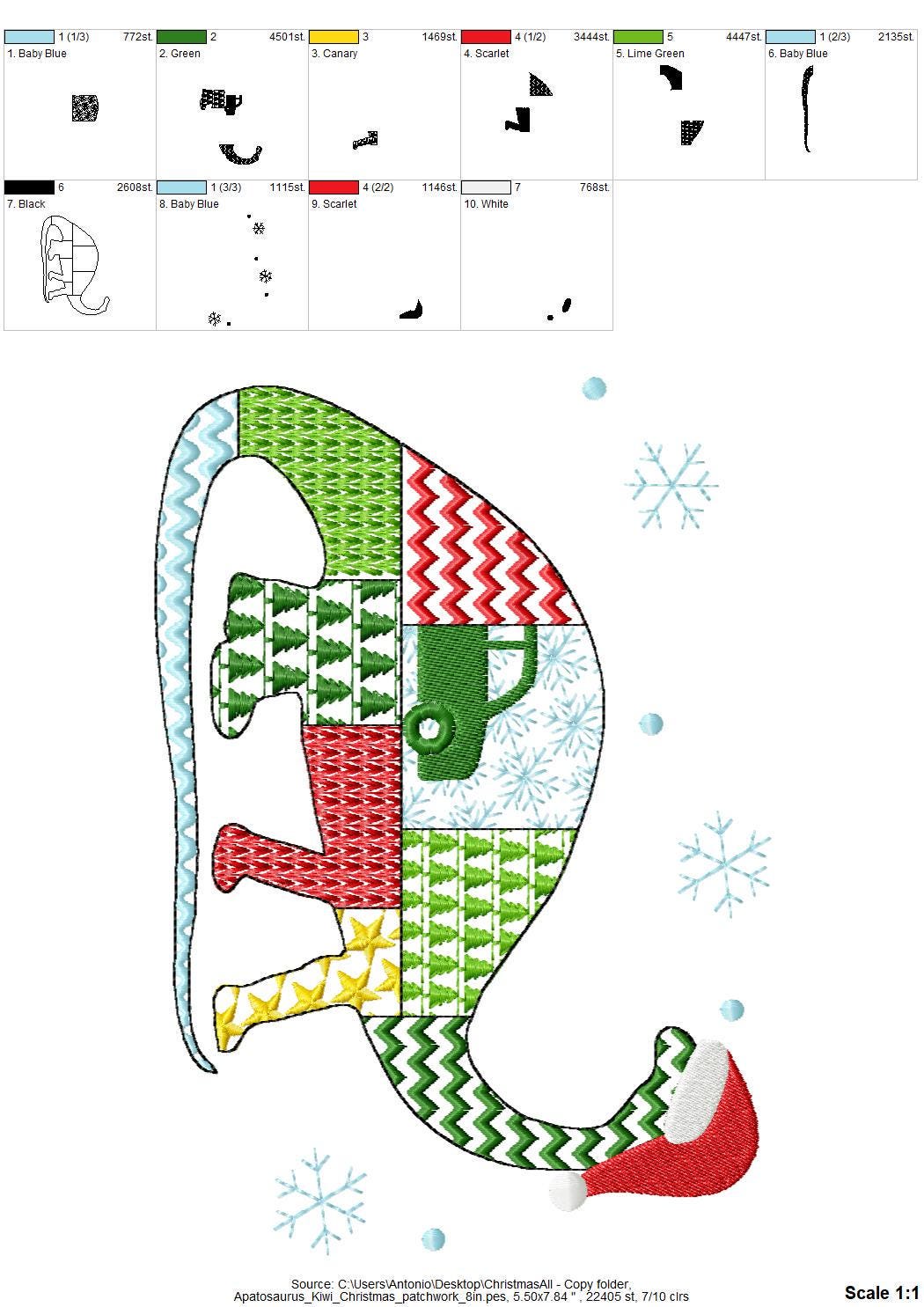 Christmas Apatosaurus Kiwi Jurassic Dinosaur Patchwork patterned silhouette outline kids machine embroidery designs