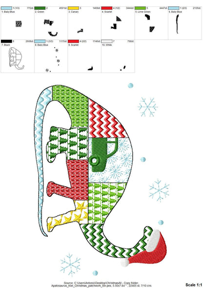 Christmas Apatosaurus Kiwi Jurassic Dinosaur Patchwork patterned silhouette outline kids machine embroidery designs