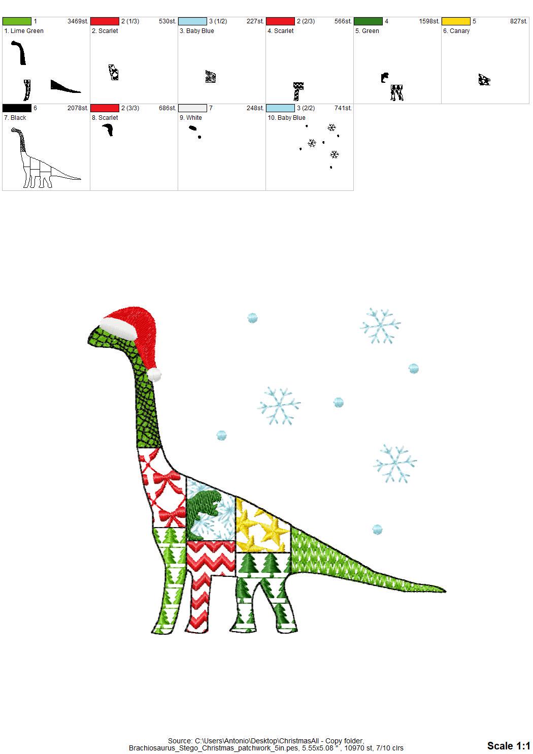 Christmas Brachiosaurus Stego Patchwork patterned Jurassic Dinosaur silhouette outline kids machine embroidery