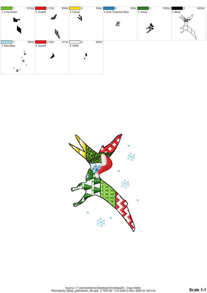 Christmas Pterodactyl Blaze Patchwork patterned Jurassic Dinosaur silhouette outline kids boys machine embroidery design